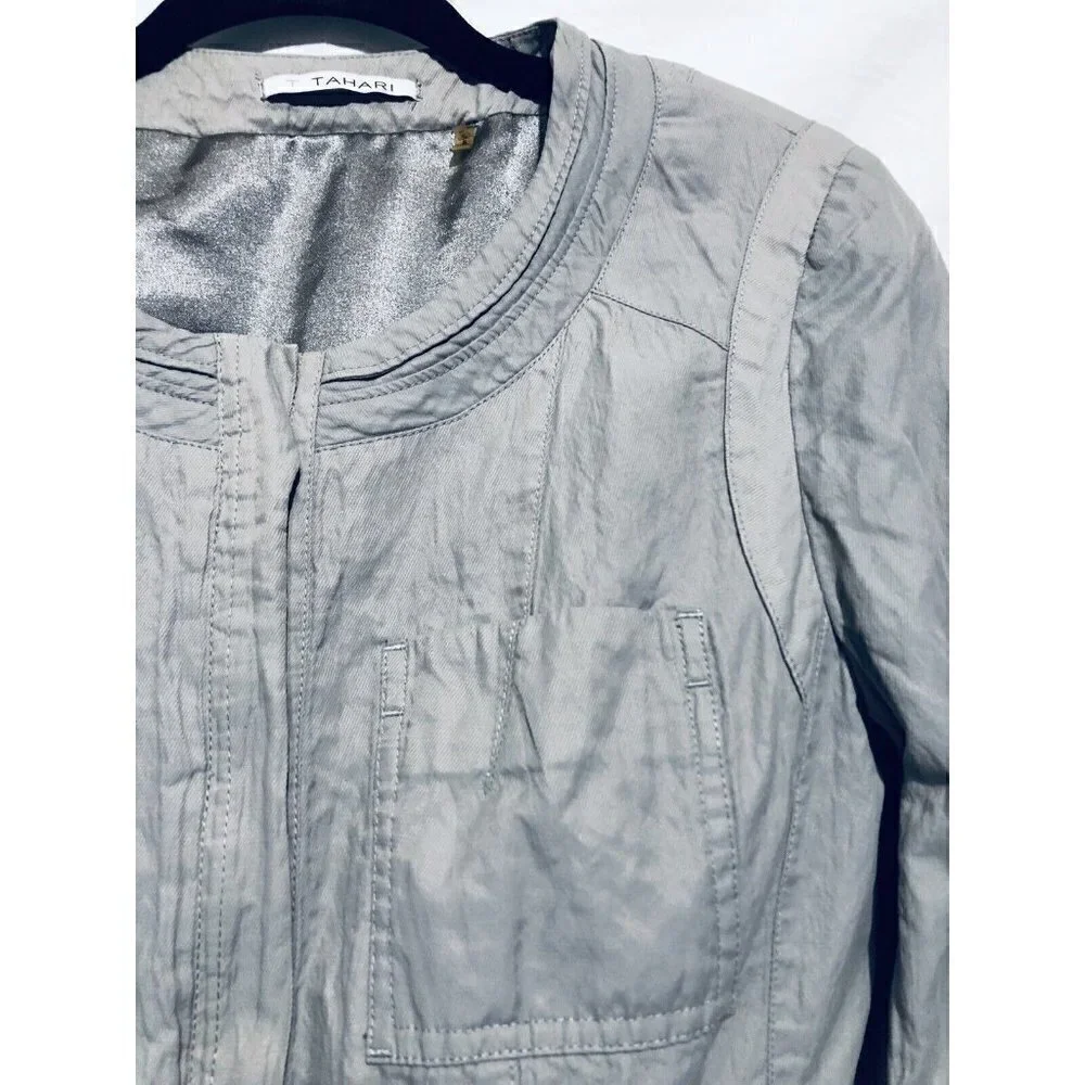 T Tahari Womens Small Gray Zip Jacket Wrinkled Cotton Metallic Boho